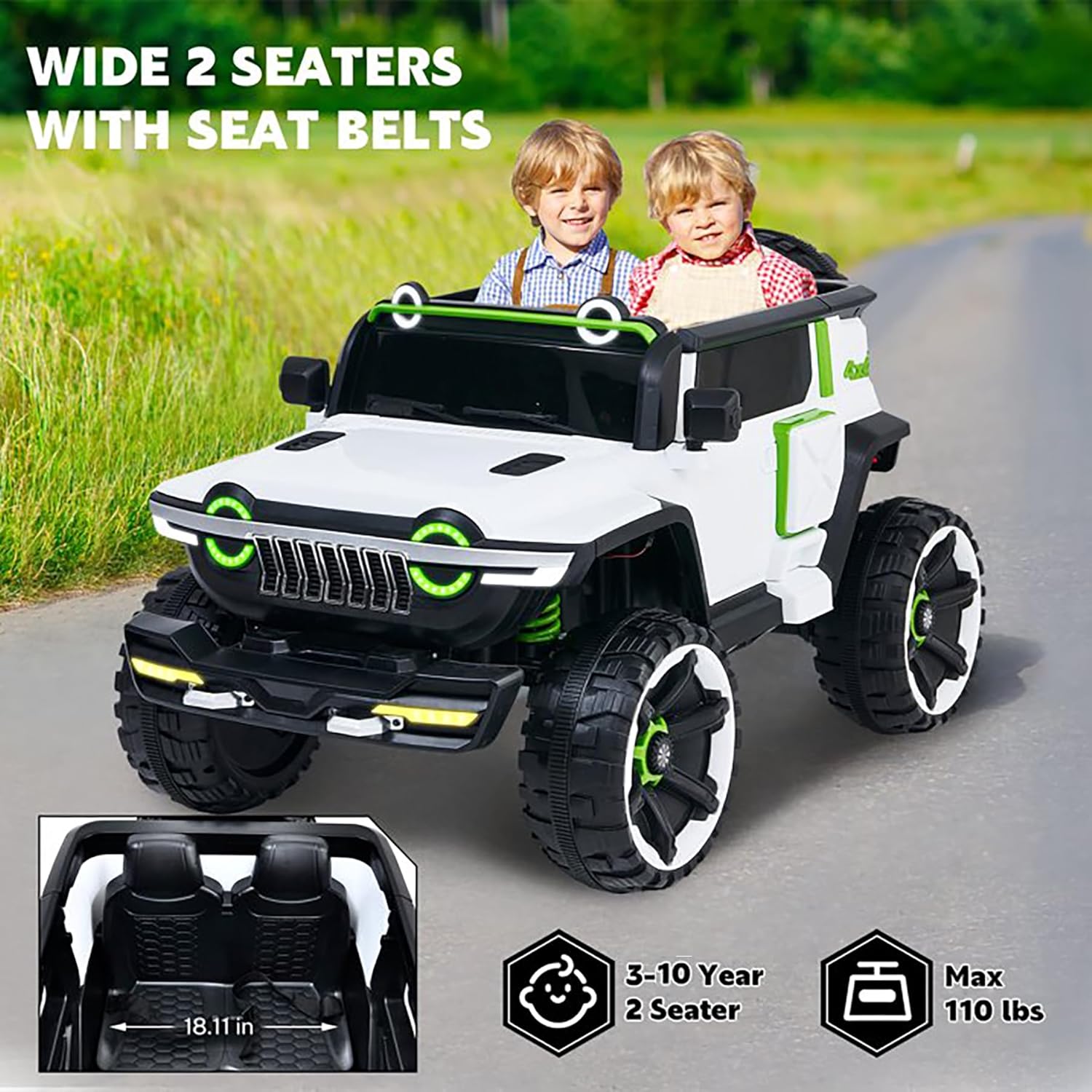 Children in a toy jeep with seat belts, on a road with grass and trees in the background.